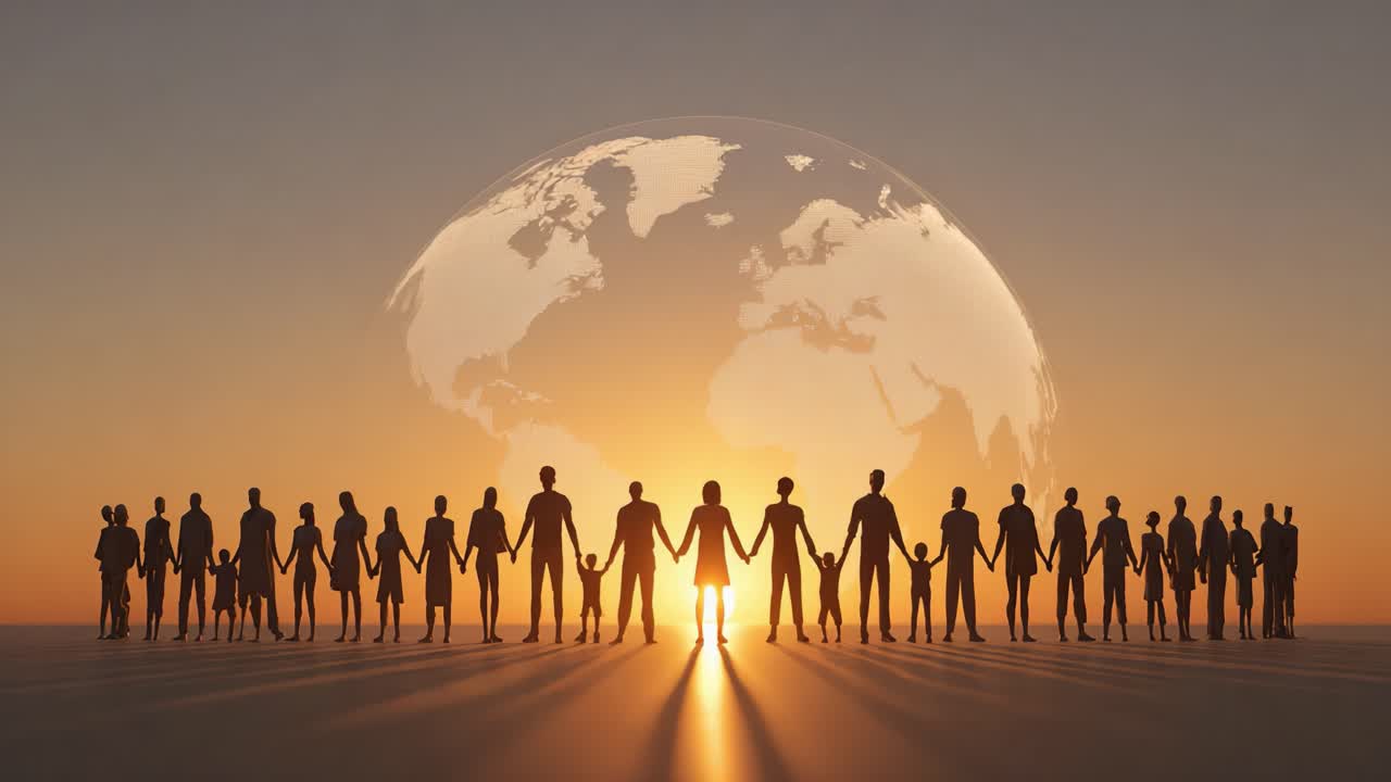 Unity in Diversity: A Global Community Holding Hands Against a Glowing Sunset and Earth, Signifying Togetherness and Hope for the Future
