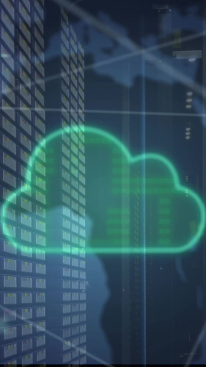 Animation of cloud, network of connections, data processing over map of world and server room