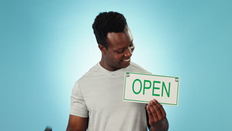 happy black man, dumbbell and open sign for gym