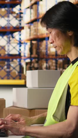 vertical video depot asian worker processing online shopping orders on computer
