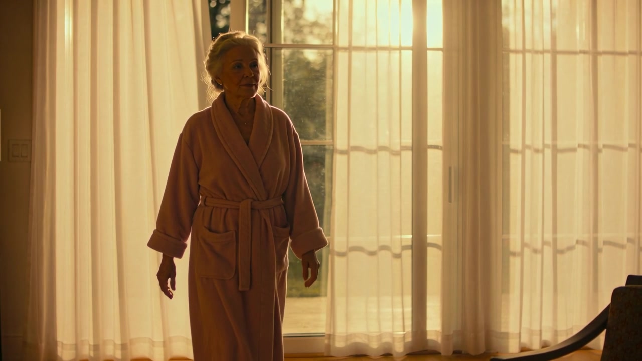 Segurando a cortina, idosa em roupão rosa entrando pela porta de vidro em um quarto ensolarado, deixando as cortinas fecharem