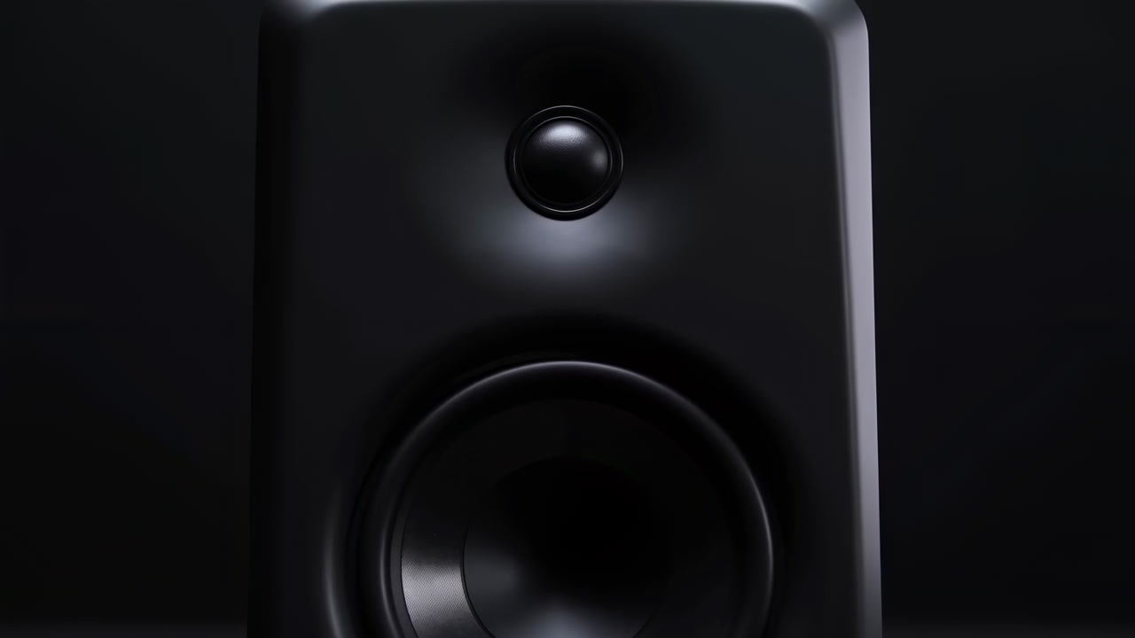 Black Studio Monitor Speaker Closeup Showcasing Glossy Woofer Cone And Front Port, Dramatic Lowkey Lighting,