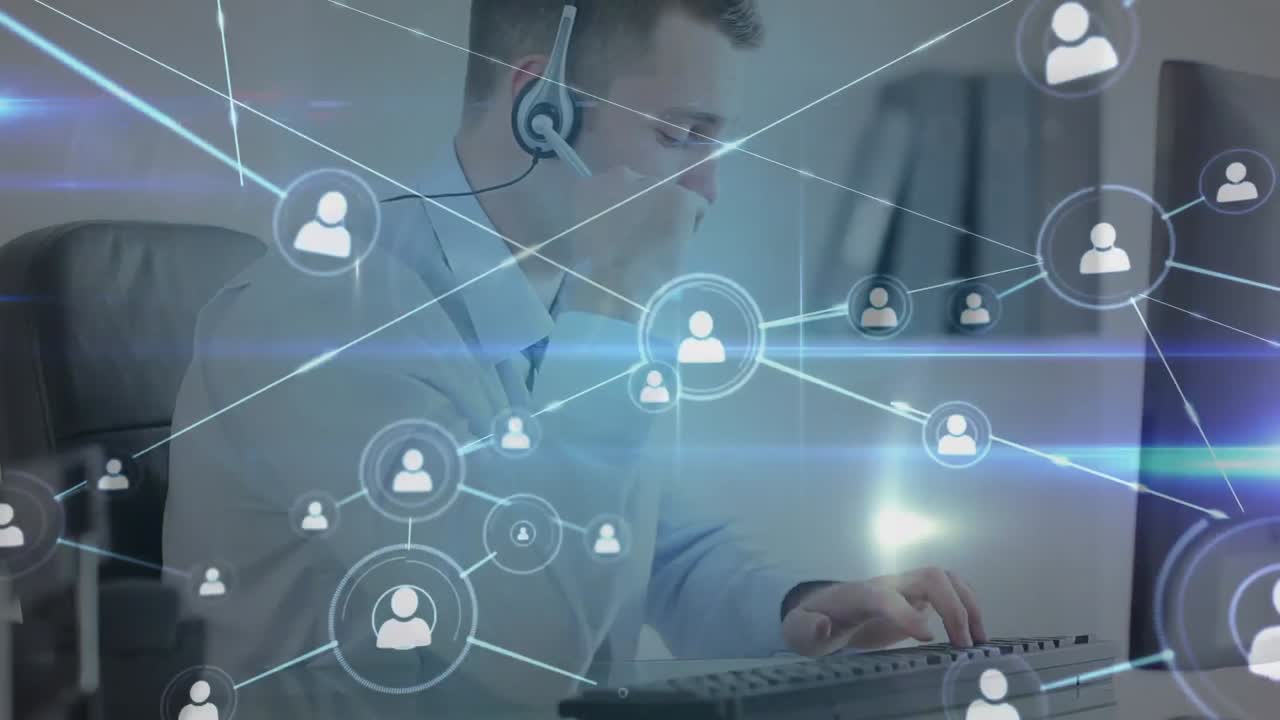 Animazione di una rete di connessioni con icone su un uomo d'affari caucasico in ufficio.