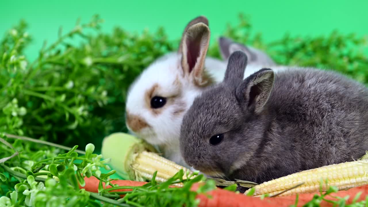 초록색 스크린 배경에 토끼. 영 동물과 부활절에 대한 똑똑한 애완동물