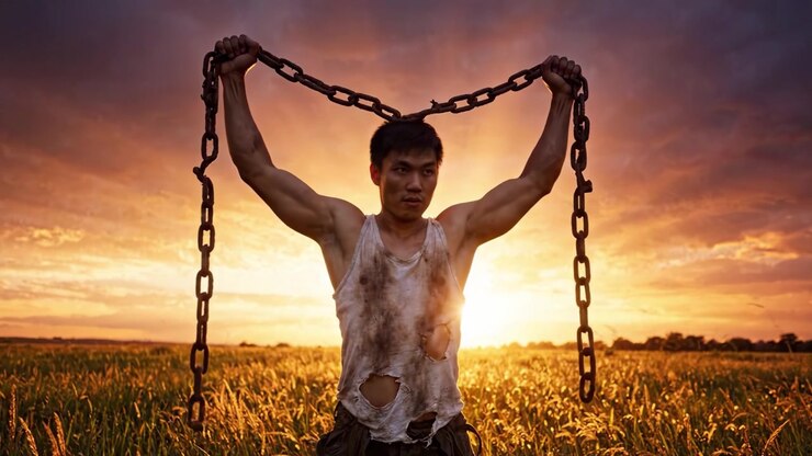 Un viaggio dalla lotta alla libertà: la trasformazione di un uomo in un campo al tramonto riflette resilienza e speranza contro le avversità.