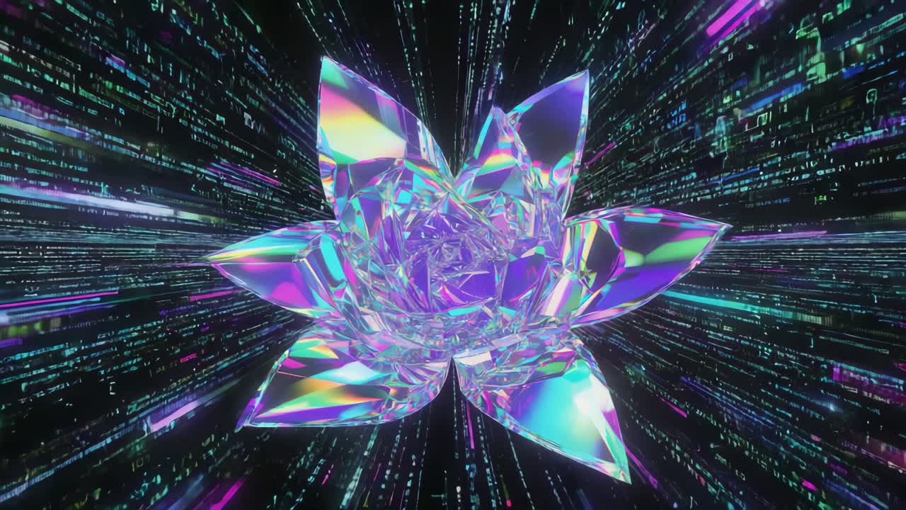 Iridescent Crystal Lotus in a Digital Stream