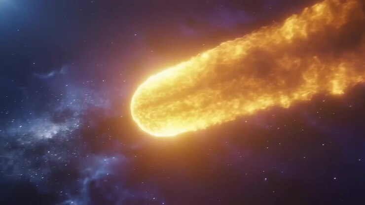 Close-up motion scene of bright fiery plasma object resembling meteor or comet traversing deep space, leaving vivid orange trail, glowing halo, and energetic spark fragments, with fireball, plasma