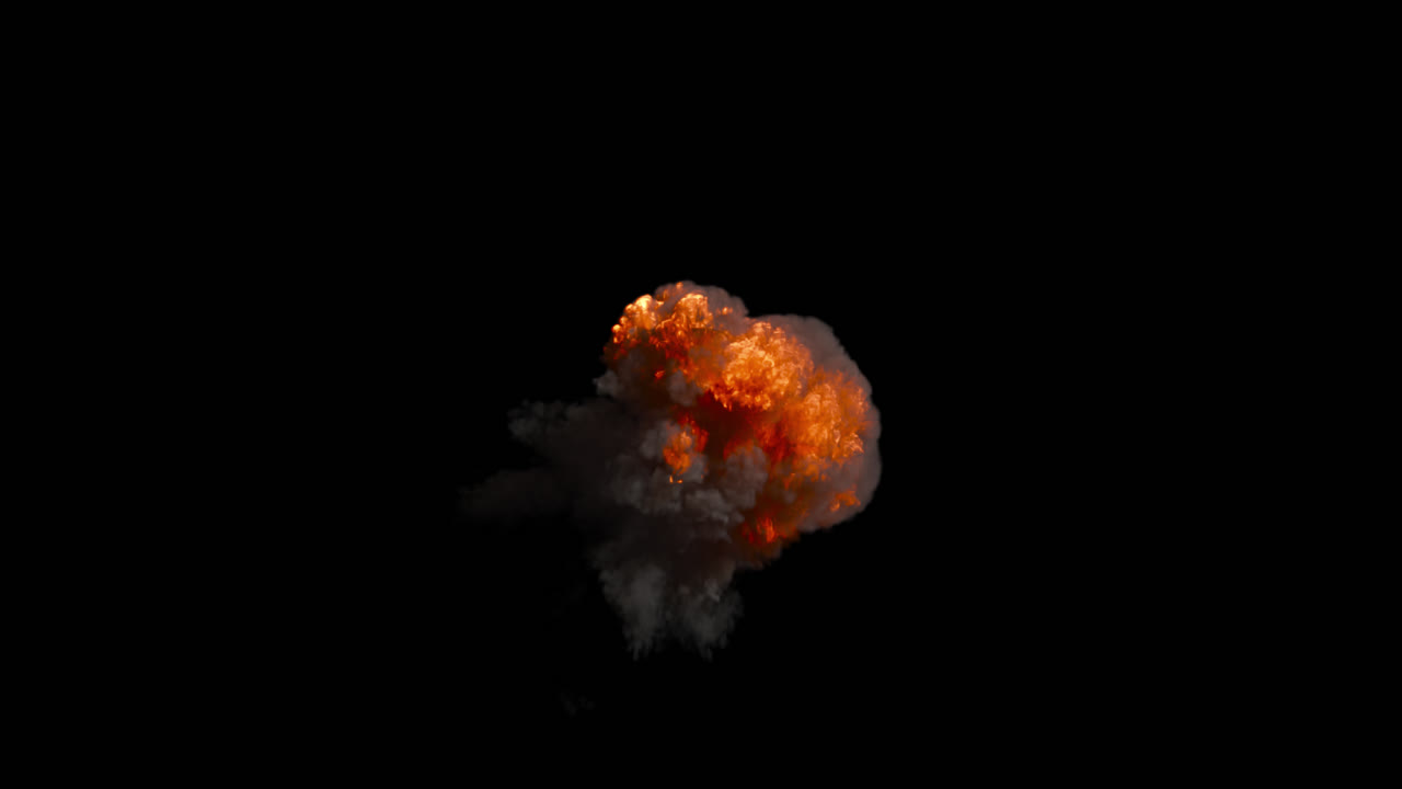 An intense fiery aerial explosion bursts and expands quickly, transitioning into dense grey smoke that gradually dissipates. The effect is isolated on a transparent alpha channel for easy compositing