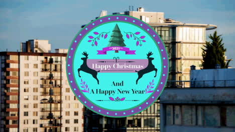 animation of christmas greetings on tag over cityscape in background