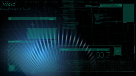 Displaying animation, digital interface with blue wave pattern for data analysis