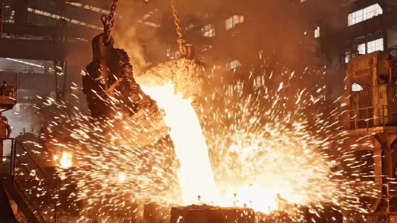 Colata di metallo fuso in una fonderia industriale ad alta temperatura, che cattura l'intensità e i processi dinamici della fusione del metallo in azione.