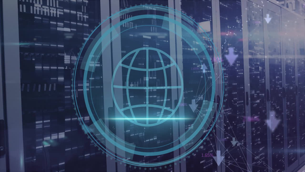 Animation of globe icon and digital data processing over computer servers