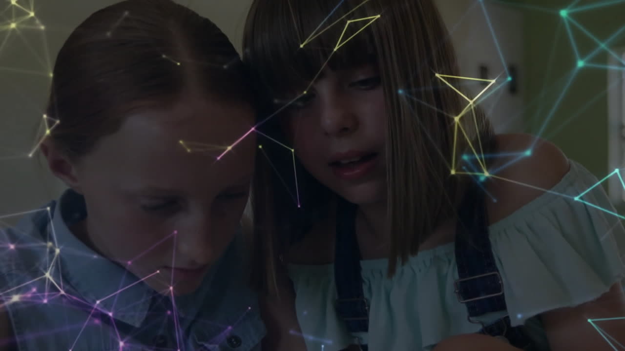 태블릿을 사용하는 다양한 학교 학생을위한 연결 네트워크의 애니메이션