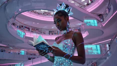 futuristic elegance: woman reading in a glowing cyberpunk library