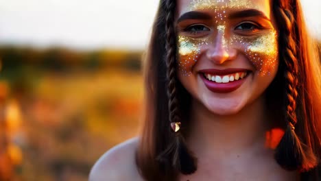 mujer sonriente con pintura de cara brillante