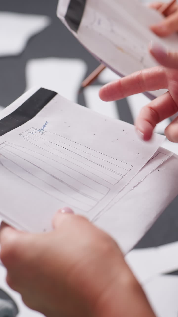 Detailed sewing examination, Hands scrutinize fabric patterns precisely, Careful inspection of stitching and alignment details, Meticulous review of textile markings and pattern accuracy on table