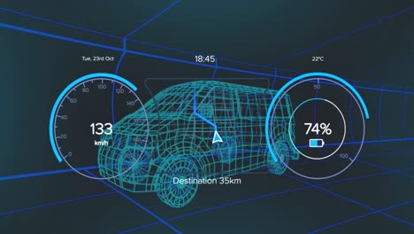 Animation of digital dashboard data processing over van icon in seamless pattern