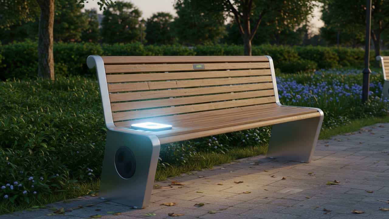 Modern Park Bench with Integrated Technology: An Innovative Seating Solution Featuring Built-in Charging and Sound Systems for Outdoor Relaxation and Connectivity