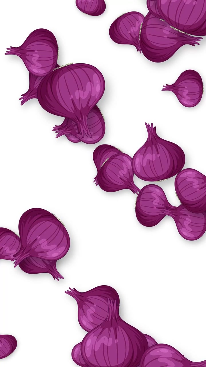 Illustrazioni stilizzate di cipolle rosse cadono verticalmente su uno sfondo bianco pulito in questa animazione grafica.