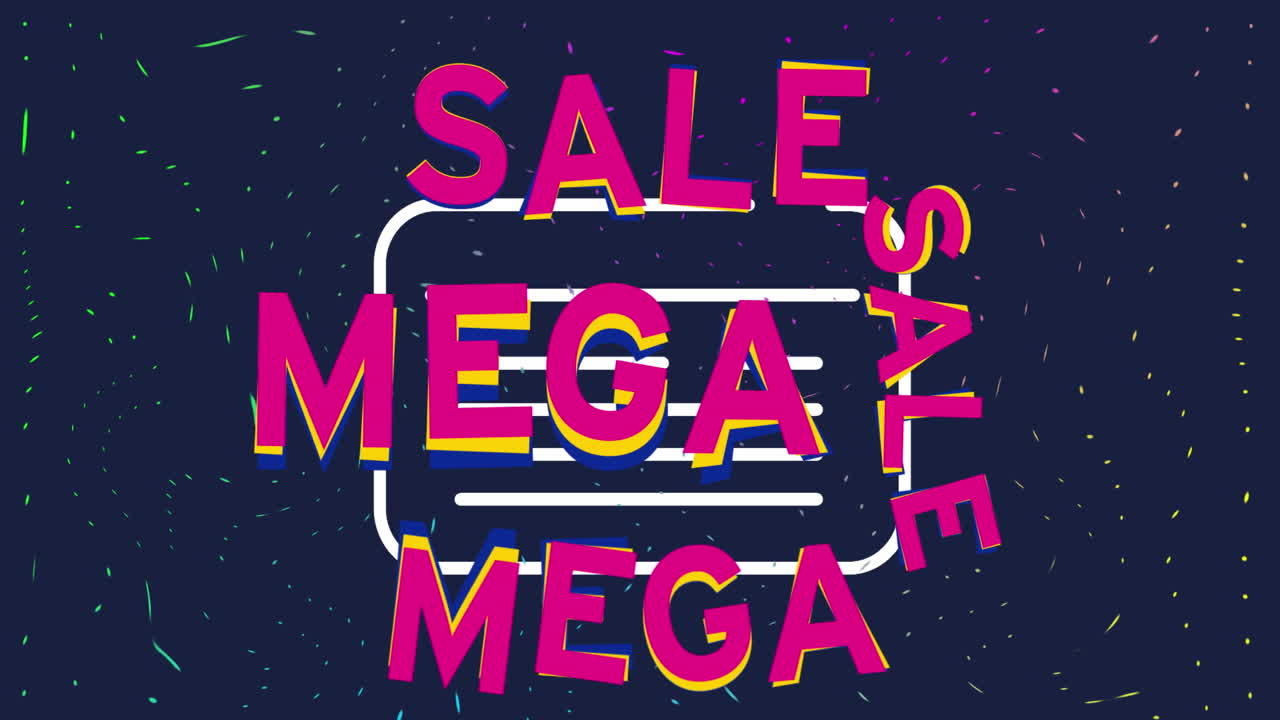 animación del texto de mega venta sobre partículas en fondo azul
