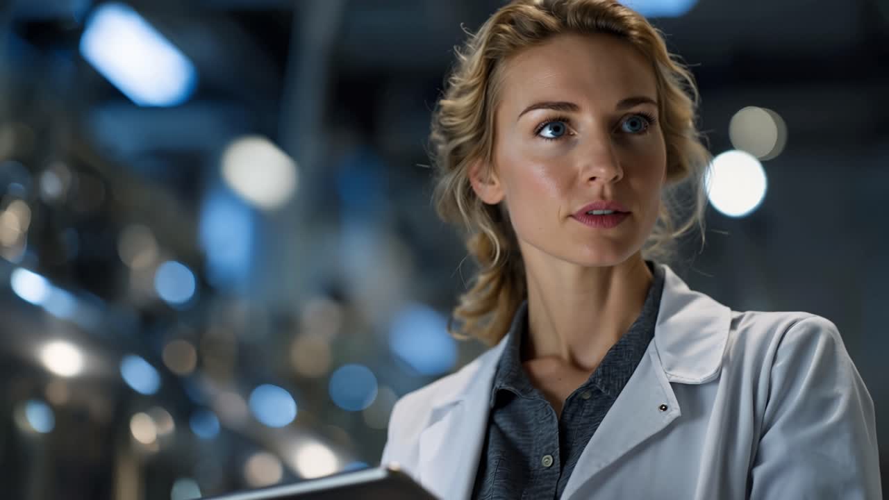 Woman in lab coat holds tablet. Focused eyes meet screen's glow. Blue lights blur behind her. Dedicated scientist analyzes data. Ideal for tech, research, medical scenes. Professional demeanor