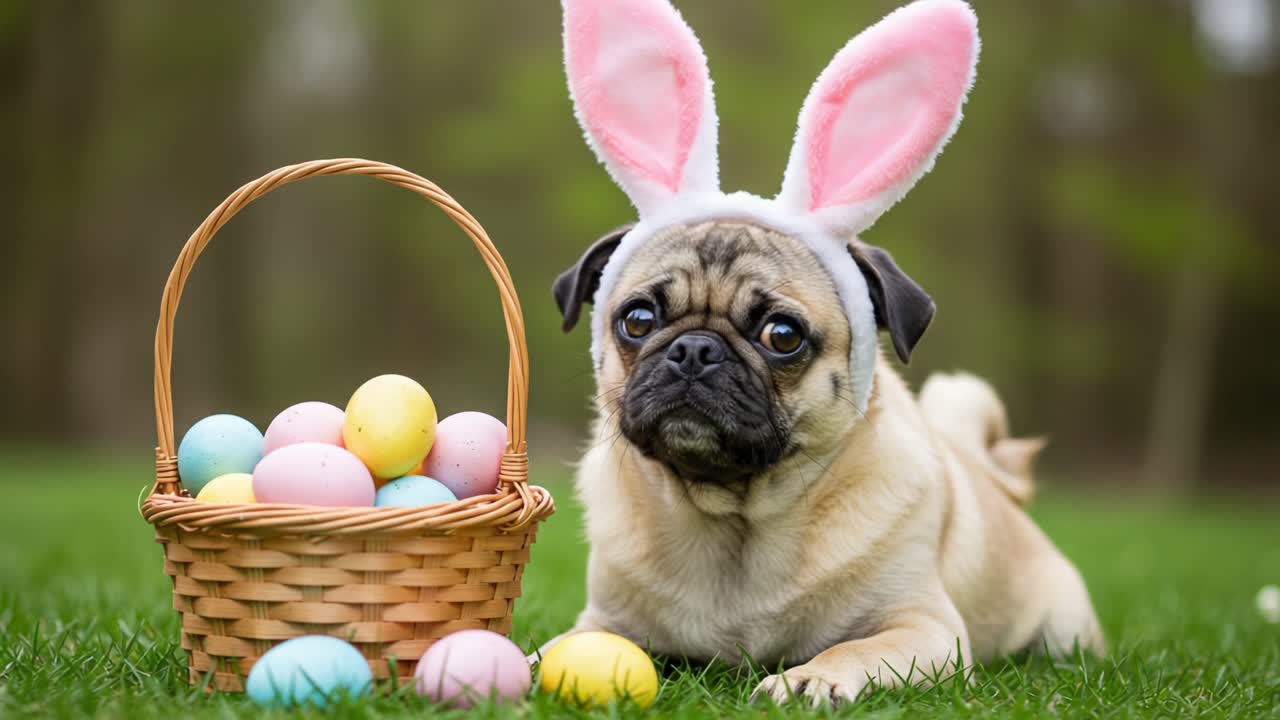 A Charming Pug in Bunny Ears Sitting Next to a Basket of Colorful Easter Eggs, Capturing an Irresistibly Cute and Whimsical Springtime Moment