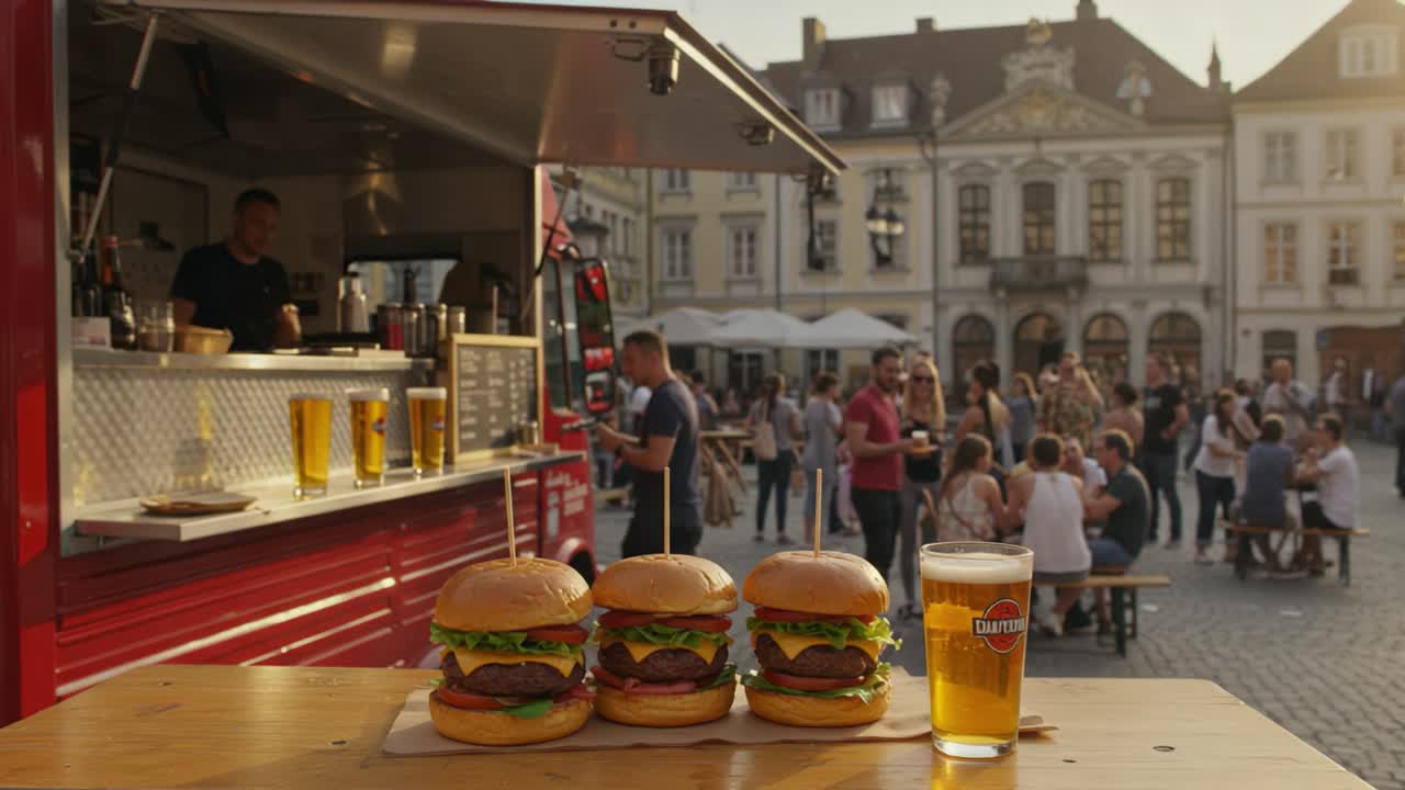 Delicious Triple Cheeseburgers with Fresh Ingredients Served at a Vibrant Food Truck Gathering Amidst a Lively Outdoor Crowd with Refreshing Beverages