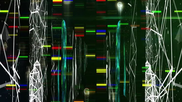 Animation of shapes and data processing over black background