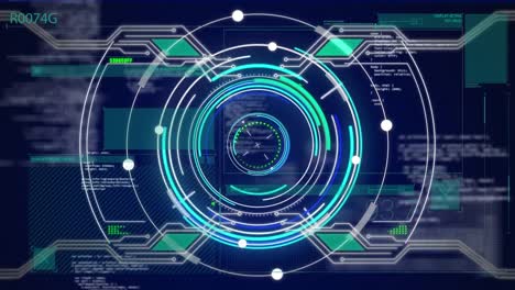 Animation-of-neon-round-scanner-over-interface-with-data-processing-against-blue-background