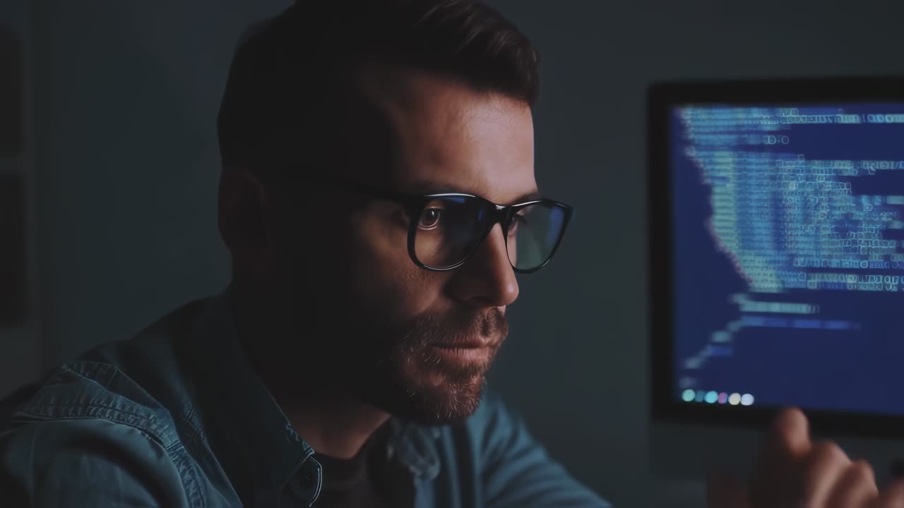 Expert programmer reviews code and solves complex problems during late night session at the computer