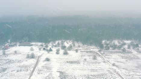 aerial - snowing over fields in veluwe national park, netherlands, wide shot