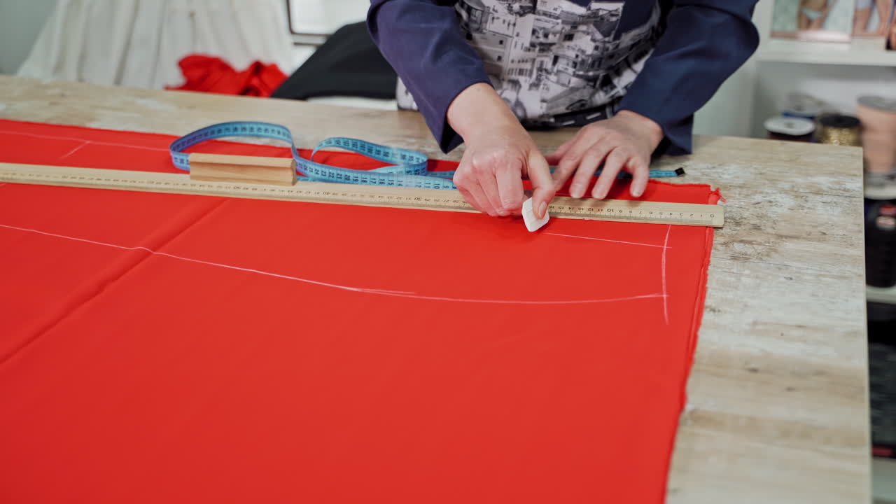 Fashion design workshop. View of woman making pattern on red piece of material