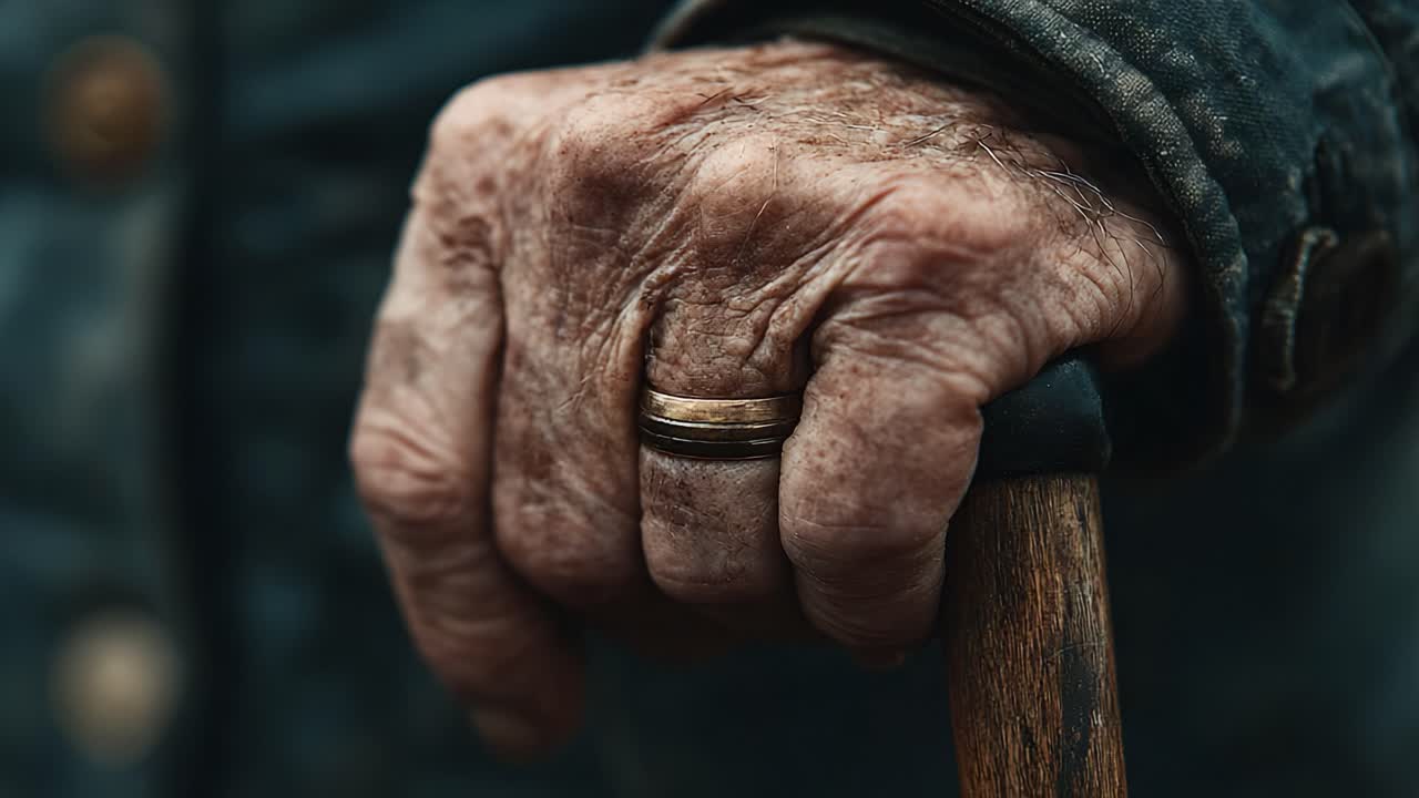 A Close-Up of an Elderly Hand Holding a Cane, Illustrating the Passage of Time Through Weathered Skin and a Wedding Ring Reflecting Stories of Life and Love