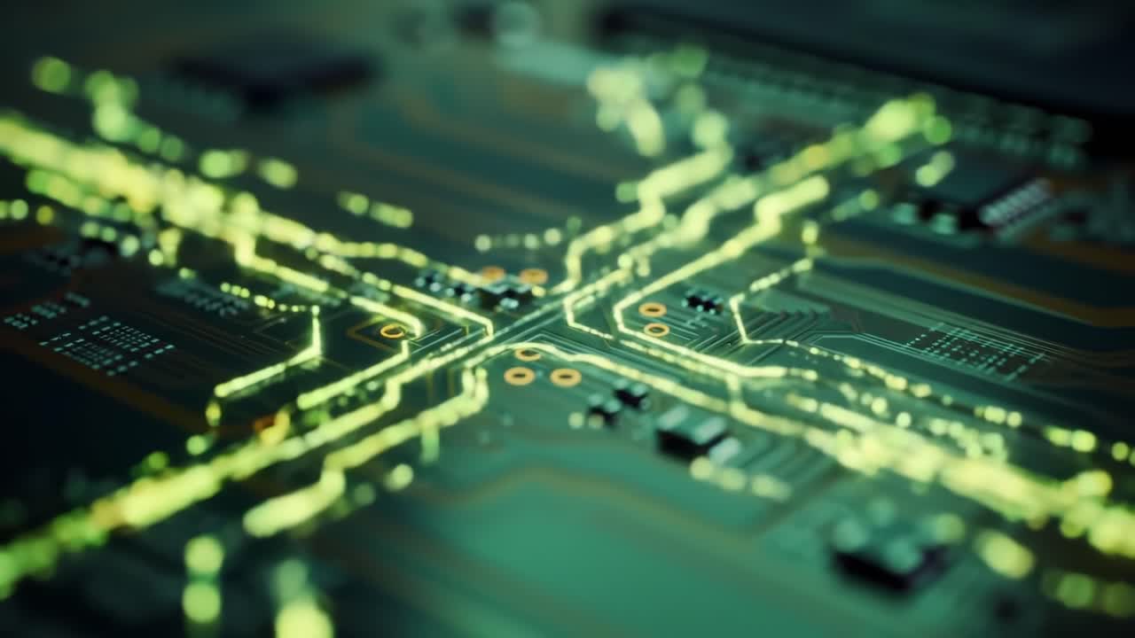 Intricate Close-Up of a Circuit Board with Luminous Pathways Highlighting Data Flow and Connectivity in a Digital Environment