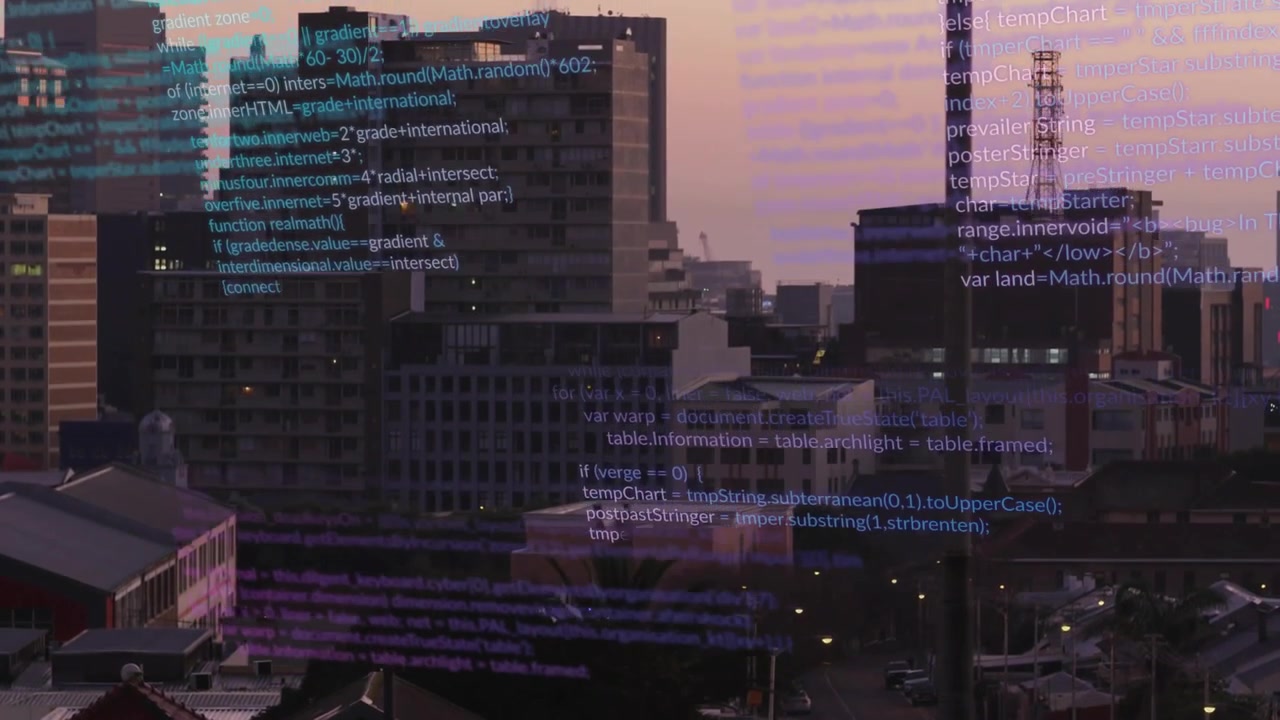 Centered city skyline receiving scrolling code overlay as twilight shifts, visualizing tech data