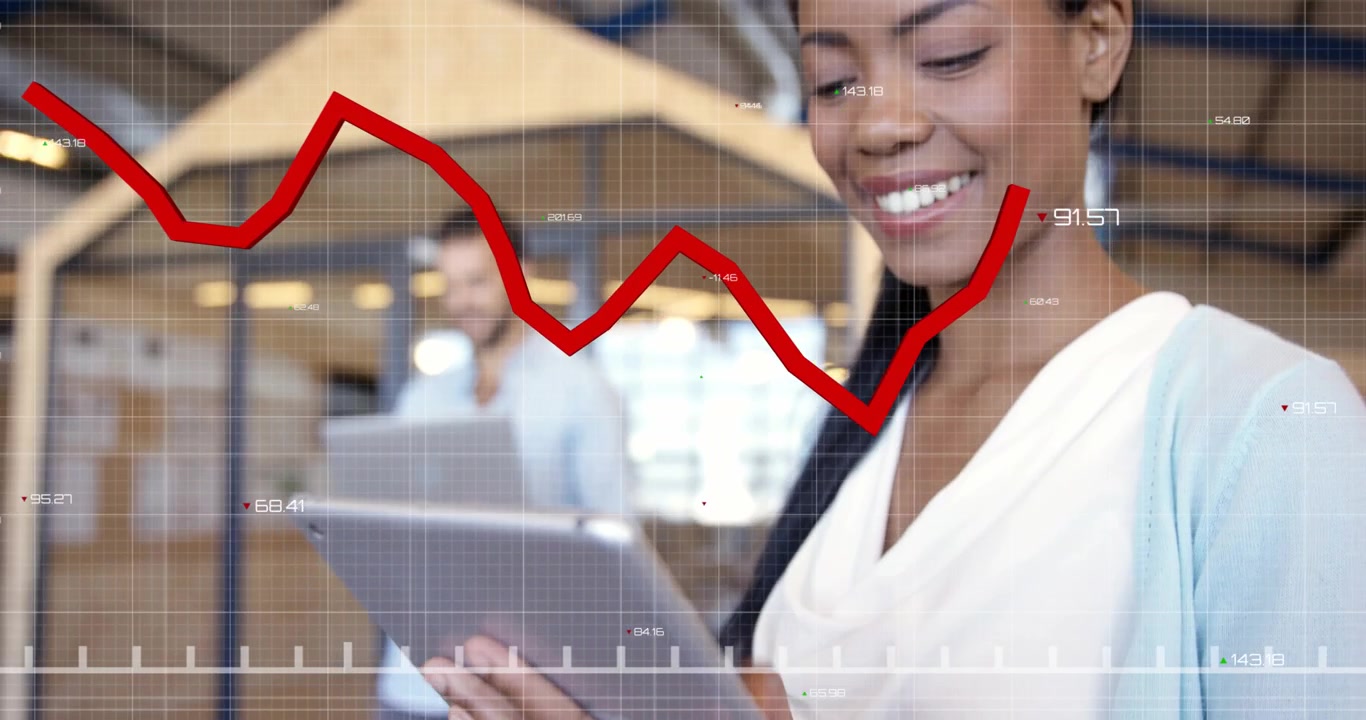 Woman with tablet tapping screen, starting red chart grid overlay, showing business trends, smiling