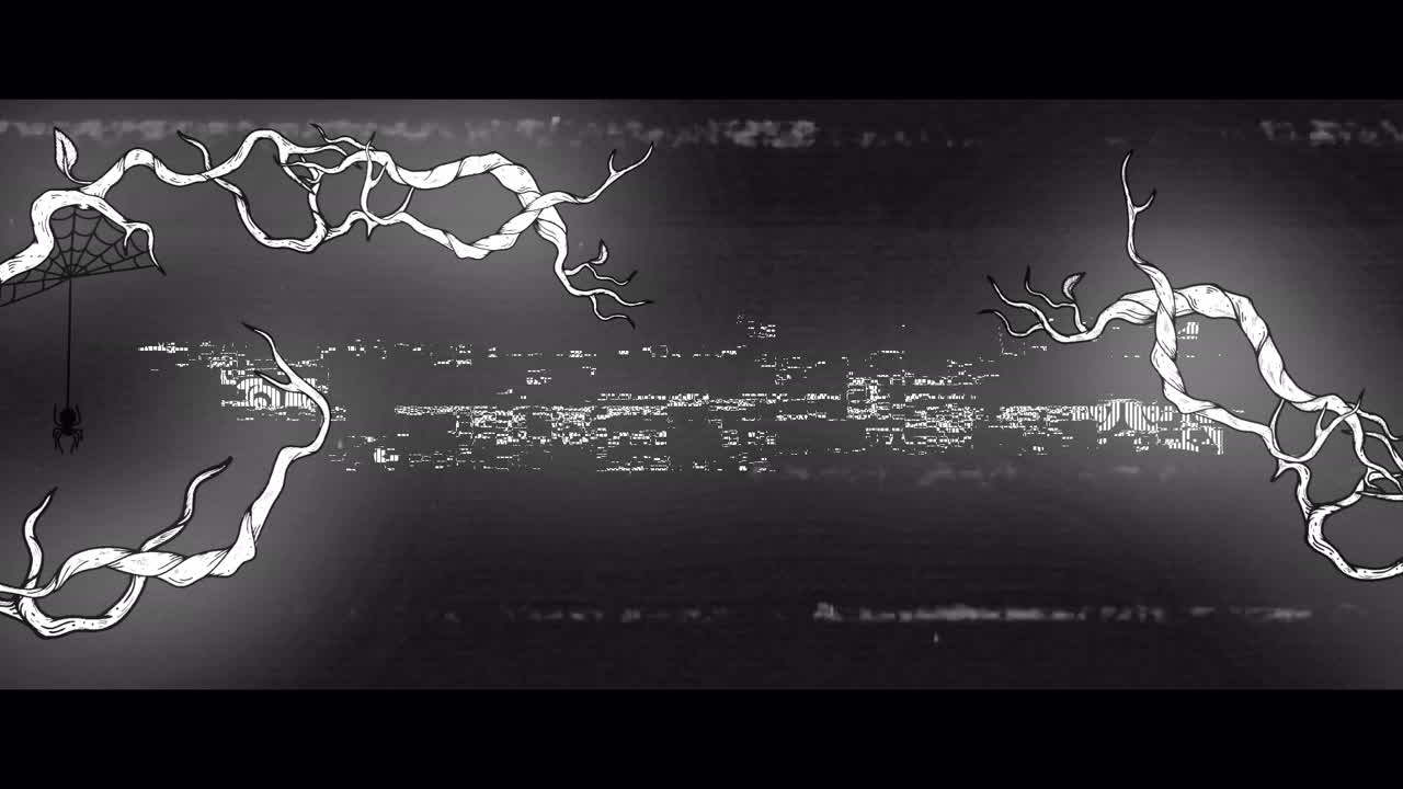 검은색 배경에 할로윈 텍스트와 가지의 애니메이션