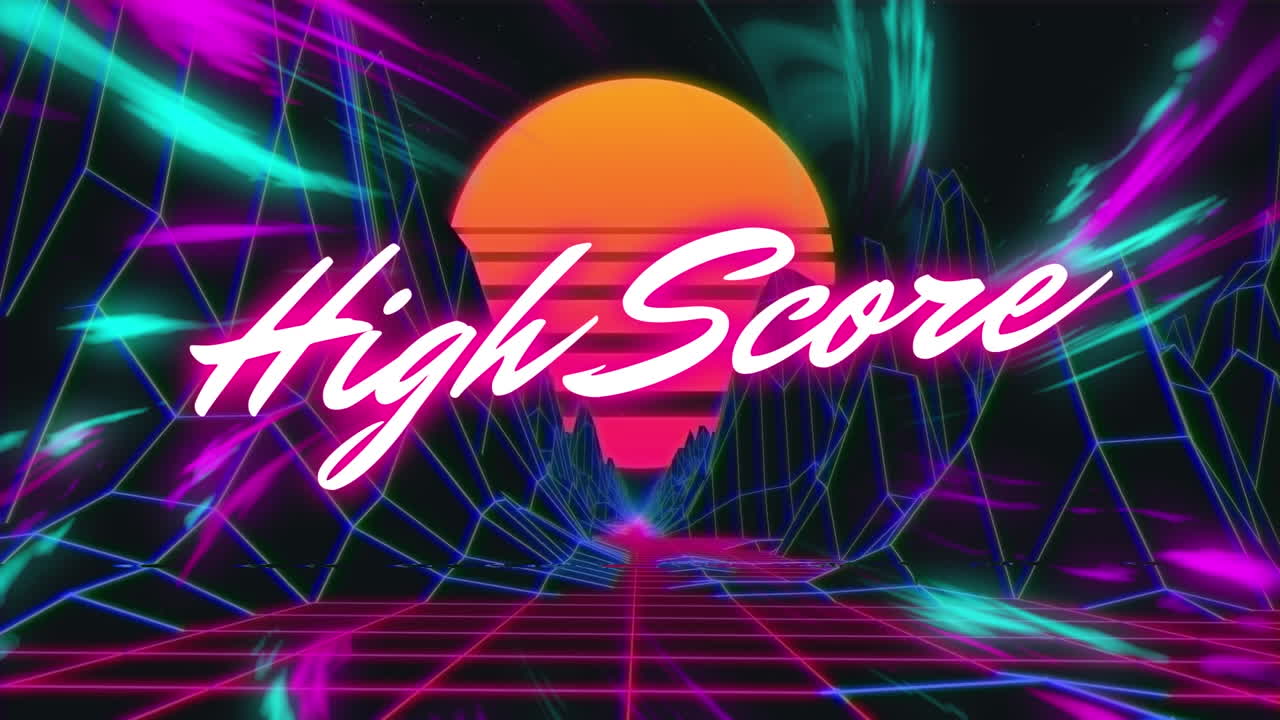 animación de ondas digitales púrpuras sobre banner de texto de alta puntuación contra las estructuras del metaverso