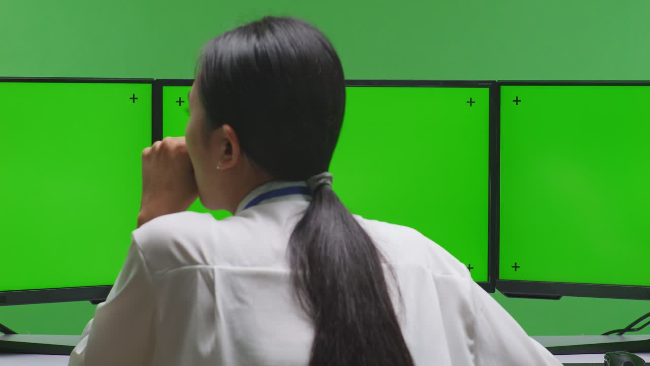 여러 모니터에 있는 여성 - 녹색 화면