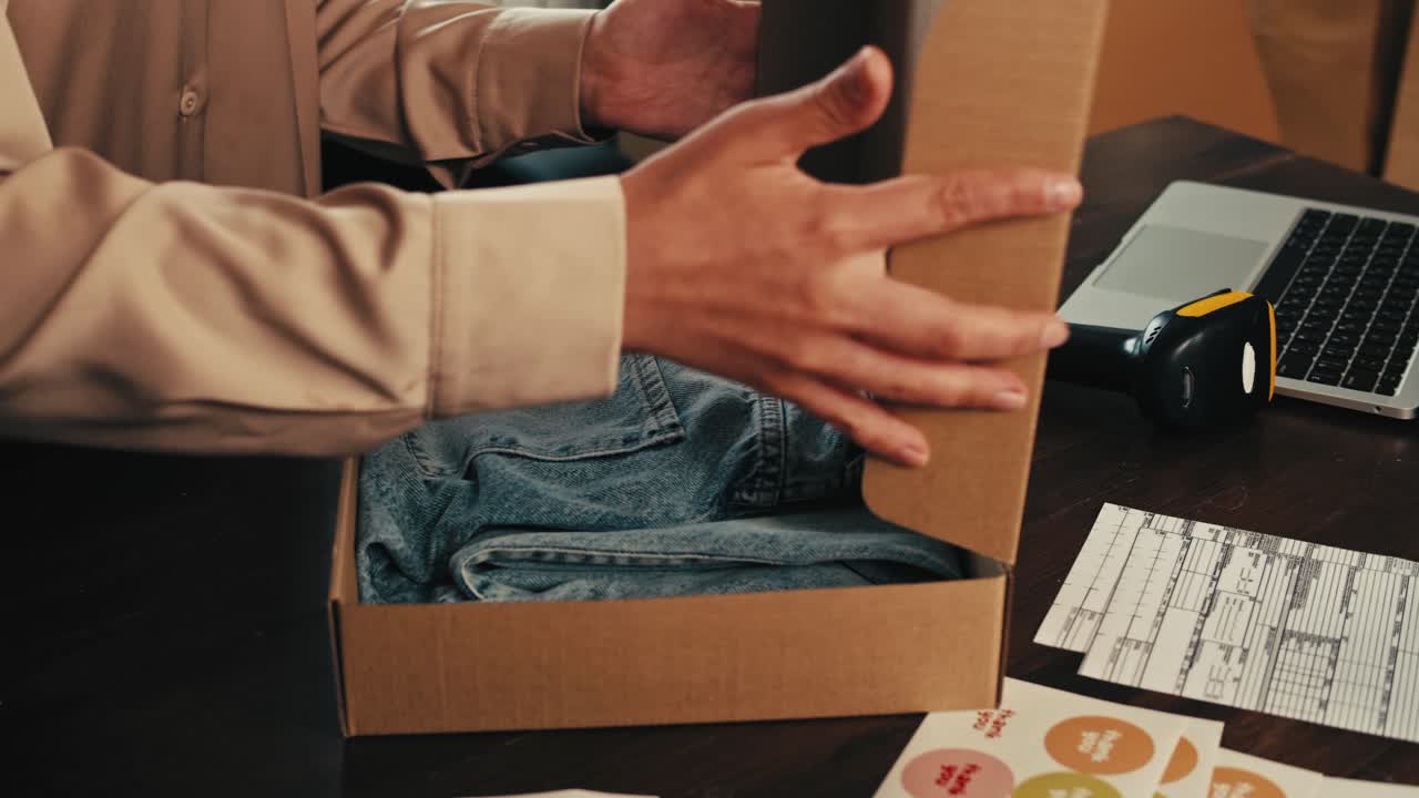 E-commerce storage shop, woman packing goods and clothes for second hand delivery market, dedicated Packaging and Shipping Workspace with Supplies and Technology for efficiency, online sales.