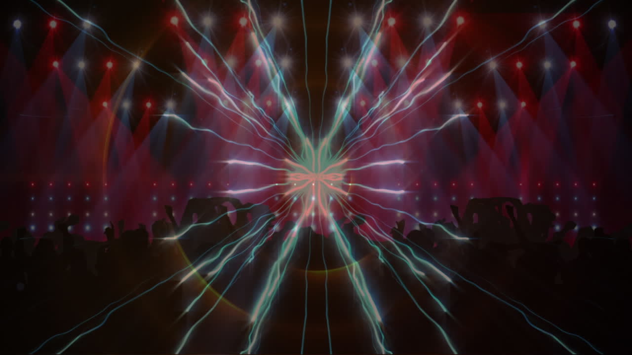 animación de puntos brillantes y senderos de luz con personas bailando