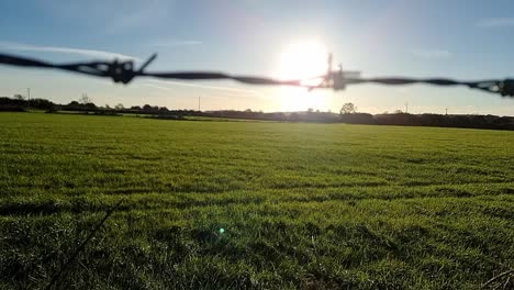 rising past unfocused barbed wire fencing to reveal vibrant green agricultural farmland with glowing sunset skyline