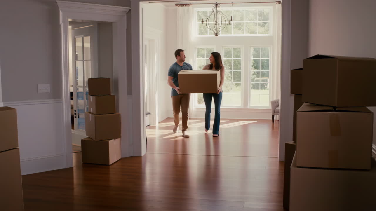 Couple Moving Boxes into a New Home