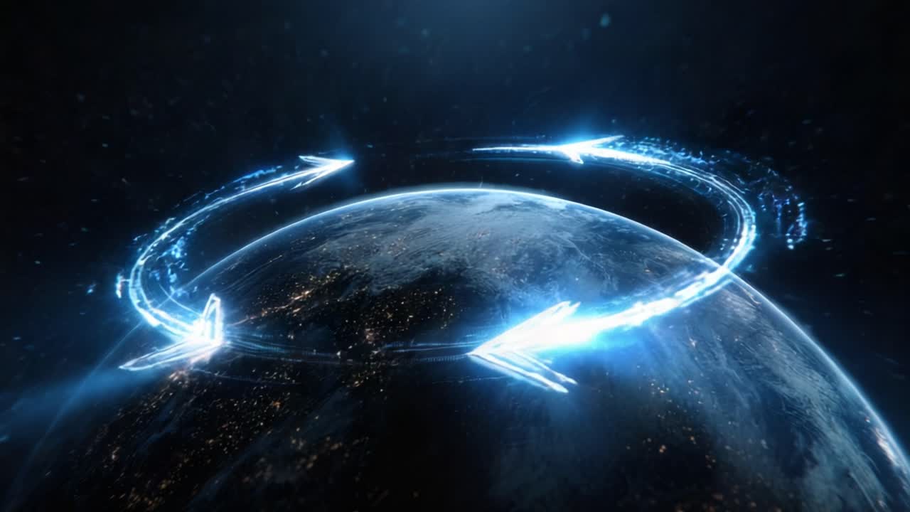 Futuristic blue glowing arrows rotating around planet Earth seen from space, representing global data transfer, networking, internet connectivity, and modern digital communication technology