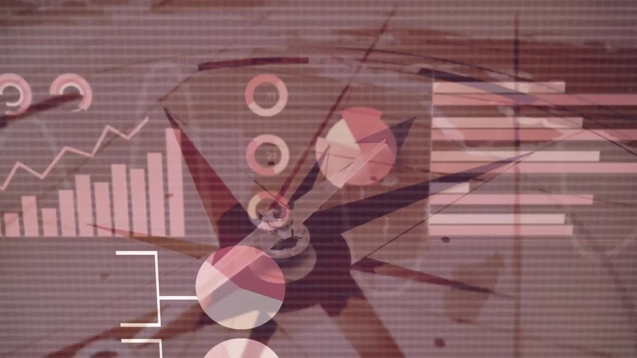 animación de estadísticas y datos sobre brújula con aguja móvil y mapa del mundo