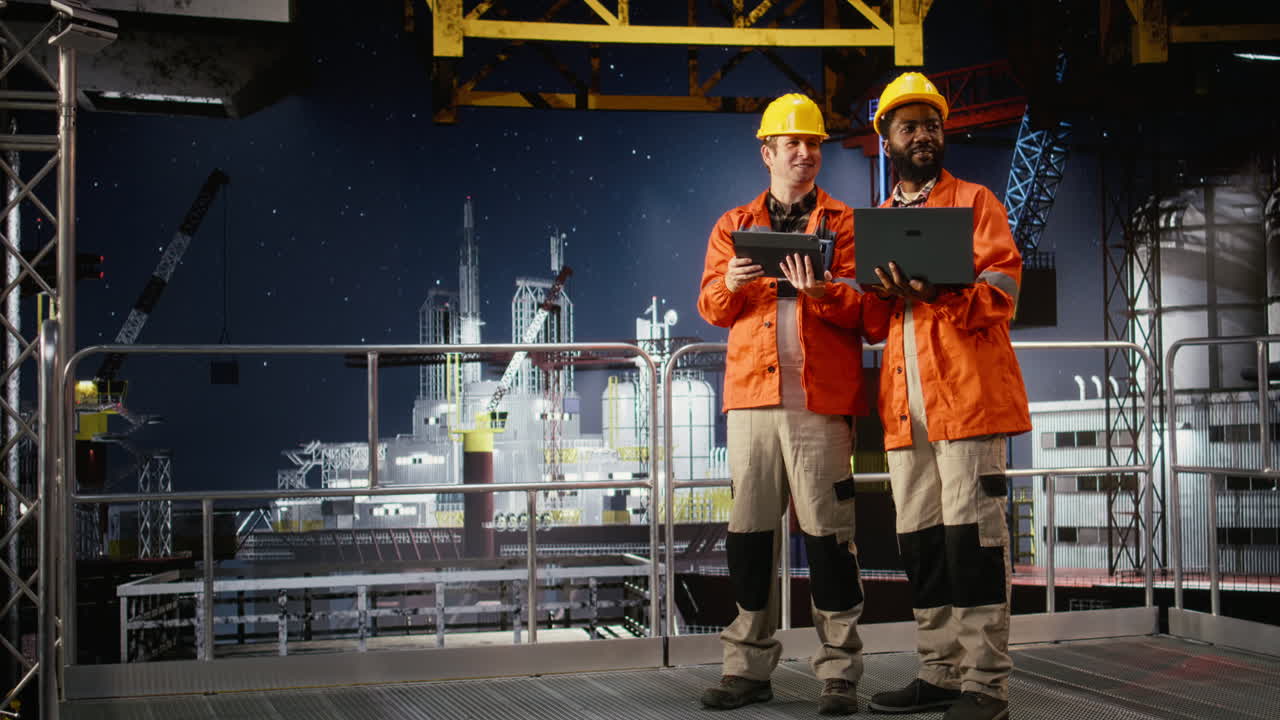 Portrait of engineers work on offshore oil rig platform late at night