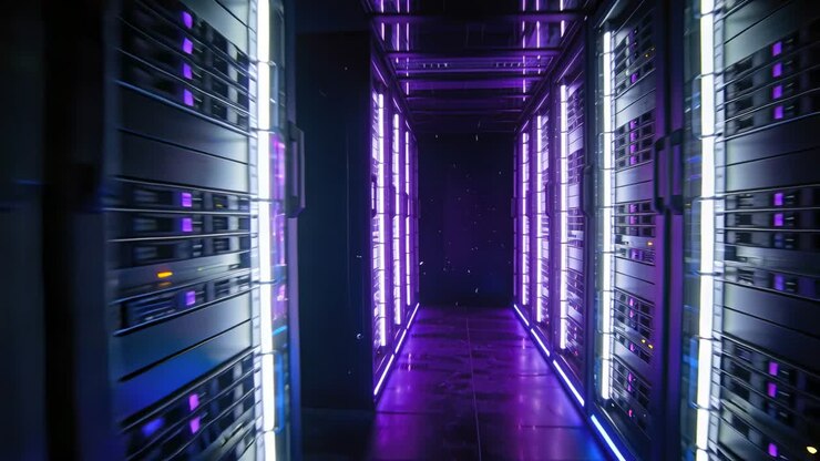 La telecamera avanza lungo il corridoio di un data center, rivelando server rack con riflessi LED viola.