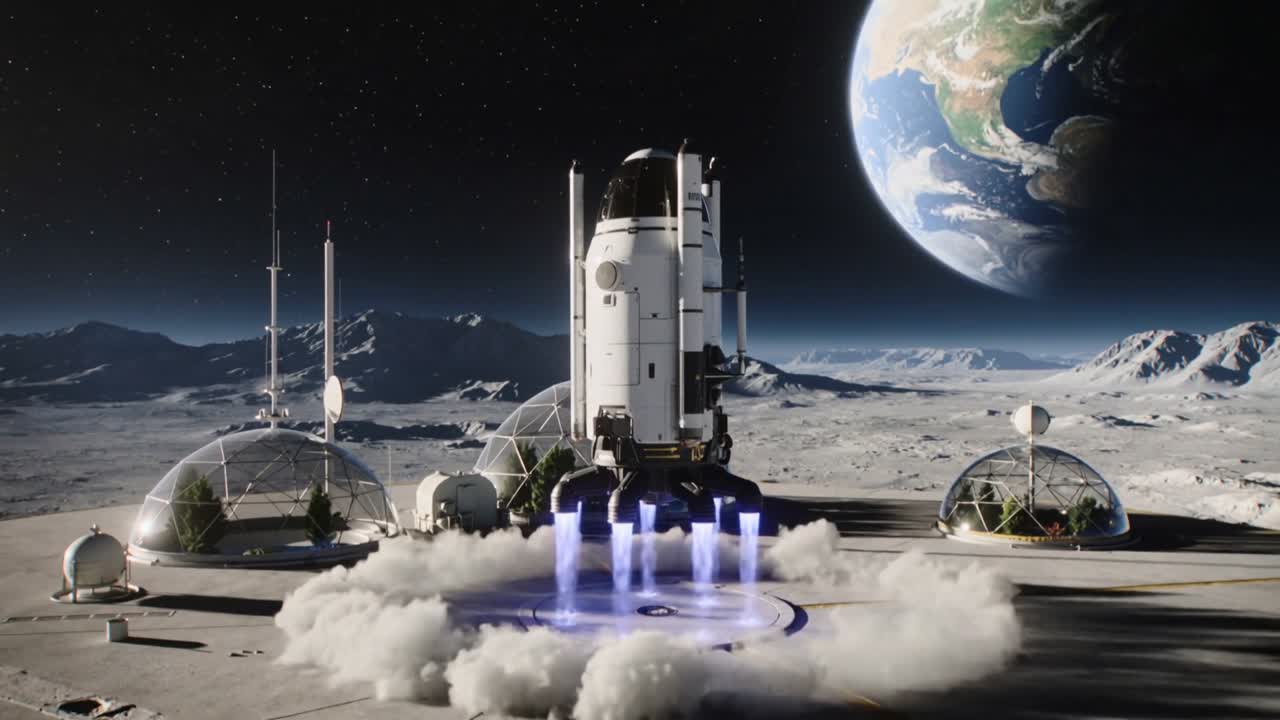 Motores sendo acesos, módulo lunar decolando da plataforma lunar perto de cúpulas e antenas, partindo para a órbita