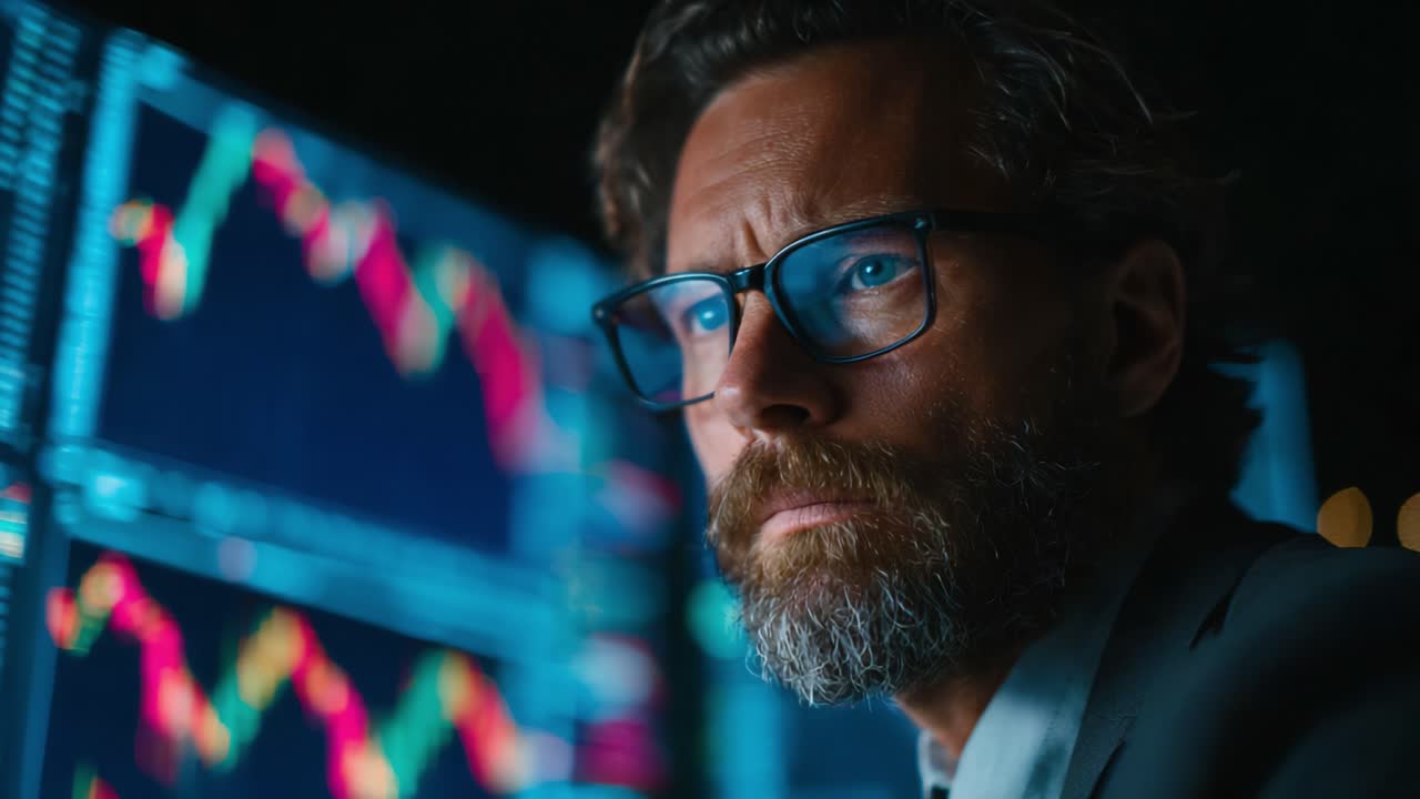 Focused trader analyzing market trends, scrutinizing intricate data patterns on multiple screens displaying vibrant graphs in a dynamic investing environment