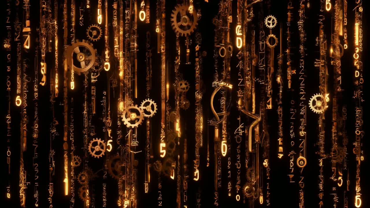 Glødende gyldne tal og steampunk-tandhjul falder.
